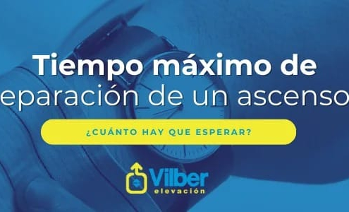 Pregunta sobre el tiempo máximo de reparación de un ascensor en fondo azul.