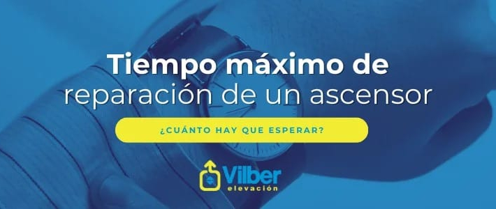 Pregunta sobre el tiempo máximo de reparación de un ascensor en fondo azul.