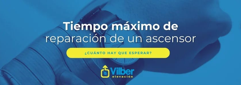 Pregunta sobre el tiempo máximo de reparación de un ascensor en fondo azul.